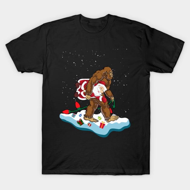 Bigfoot Kidnaps Santa Funny Christmas T-Shirt by JameMalbie